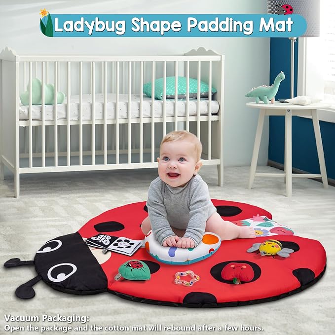 Jyusmile Baby Play Gym Mat, 8-in-1 Tummy Time Mat with 6 Toys, Washable Baby Activity Mat for Visual, Hearing, Sensory, Motor Development, Baby Essentials Gift for Newborn Infant 0-3-6-9-12 Months