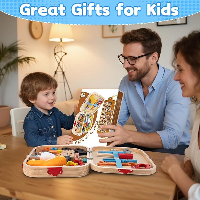 Kids Tool Set Toy for Boys - Educational Montessori Wooden Toddler Play Tool Box with Electric Drill - 59 Pcs STEM Construction Building Toys Christmas Birthday Gifts for 3 4 5 6 Year Old Boys Girls
