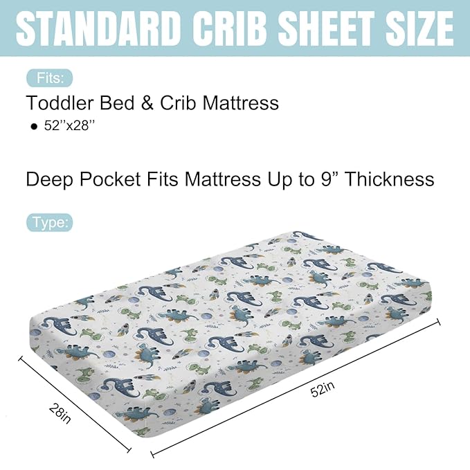 Watercolor Space Dinosaurs Baby Crib Sheet 52''x28'' Cute Dinosaur Rockets Planet Stars Leaves Snug Fitted Crib Mattress Cover for Boy Girl Soft Baby Bed Sheet for Standard Crib and Toddler Mattress