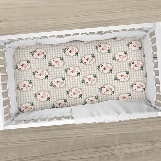 Christmas Geese Red Bows Baby Crib Sheets Cute Ducks Cherry Fir Leaves Soft Baby Sheets Winter Festive Holiday Farm Animals Fitted Crib Mattress Cover for Standard Crib & Toddler Mattress 52"x28"