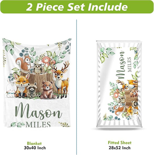 Personalized Crib Bedding Set for Boys Girls, Custom Baby Crib Sets with Name, Animal Stump Design Nursery Bedding 2 Piece - Soft Blanket with Double Layer Dotted Backing, Crib Fitted Sheet