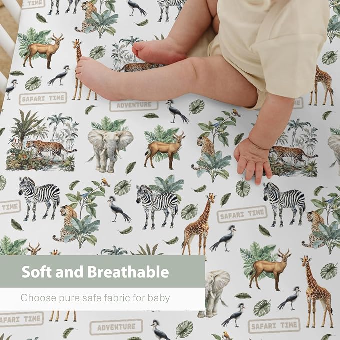 Safari Animal Adventure Baby Crib Sheets for Boy Girl 52x28 Elephant Leopard Giraffe Zebra Tropical Leaves Soft Snug Fitted Crib Mattress Cover African Baby Sheet for Standard Crib & Toddler Mattress