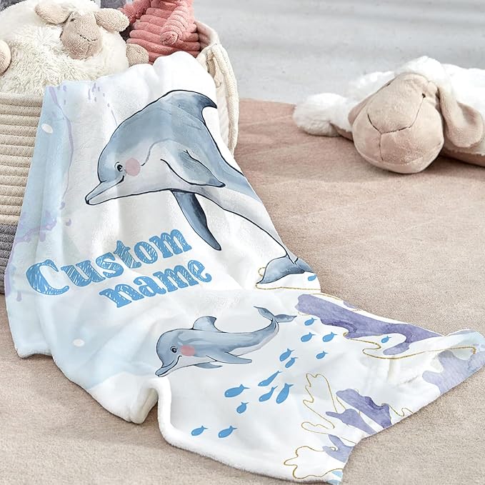 Custom Baby Crib Bedding Set, Personalized Name Blue Dolphin Theme Crib Set 3 Pcs, Soft Double Layer Blanket, Crib Sheet & Room Rug, Ideal Nursery Decor Gift for Baby Girls Boys