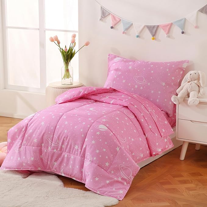 JSD Pink Moon Stars Toddler Bedding Set, 4 Piece Space Theme Bed-in-Bag Toddler Comforter Sheet Set, Machine Washable