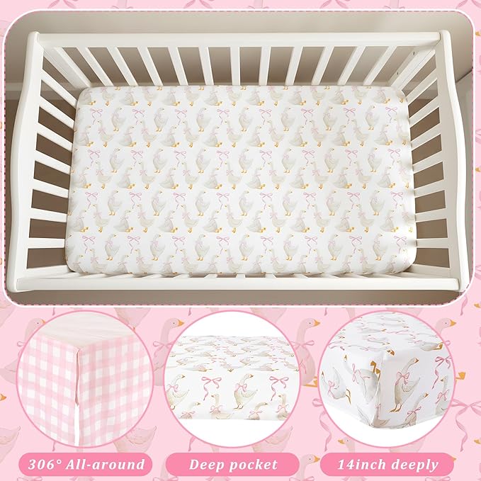 3 Pcs Baby Crib Bedding Set Silly Goose Baby Crib Sets Goose Nursery Decor Includes Quilt, Fitted Sheet, Skirt for Girl(Pink)