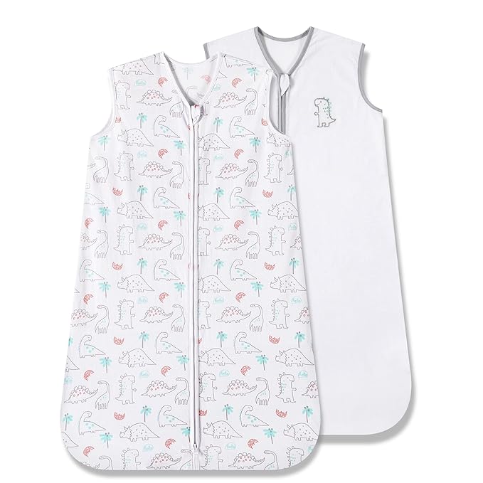 TILLYOU 2 Pack Baby Sleep Sack 12-18 Months 100% Cotton Wearable Blanket 0.5 TOG Sleeveless Summer Sleep Sacks with 2-Way Zipper, Woodland Dinosaurs