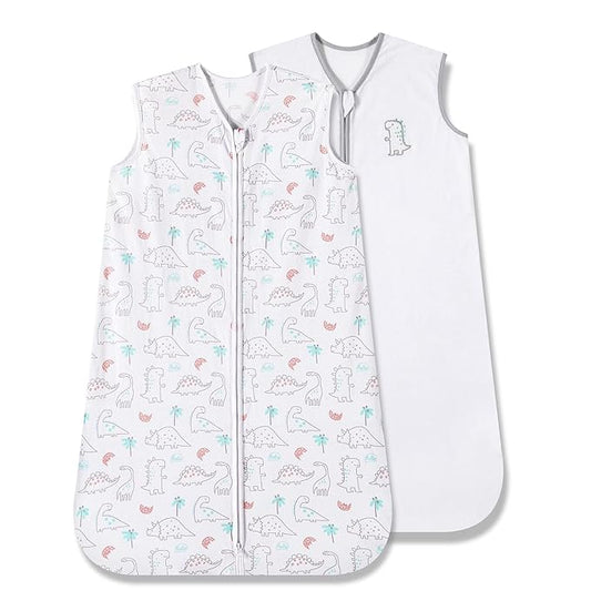 TILLYOU 2 Pack Baby Sleep Sack 12-18 Months 100% Cotton Wearable Blanket 0.5 TOG Sleeveless Summer Sleep Sacks with 2-Way Zipper, Woodland Dinosaurs