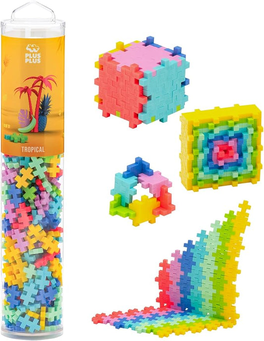 PLUS PLUS 240 Piece Interlocking Building Blocks for Kids, Open Ended Connecting Toys, Stem Bin Classroom Mini Manipulatives - Tropical Mix Play Tube