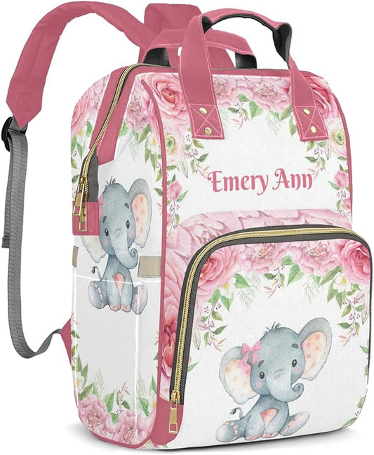 Personalized Pink Roses Baby Elephant Nursery Custom with Name Diaper Bag Backpack For Baby Boy Girl Dad Mom Unisex for Adult Daypack Holiday Gift
