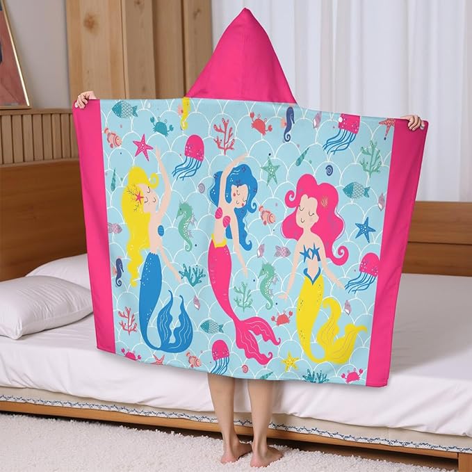 Thickened Hooded Towels for Kids Suitable Girls Boys Kids Bath Towels, 35"x60" Super Absorbent, Mermaid Cute Cartoon Toddler Towels Multi-Purpose for Beach, Pool and Bathroom