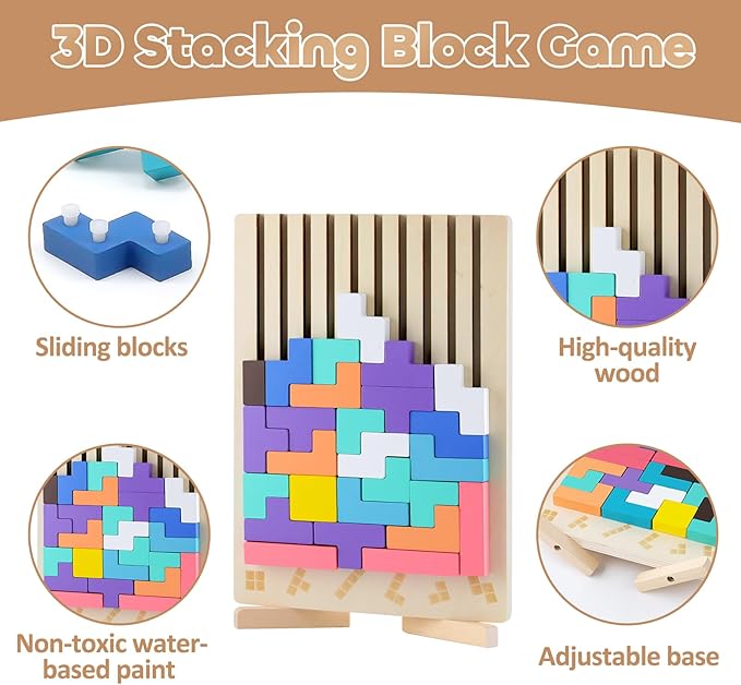 Wooden Montessori Russian Blocks Puzzle, 3D Stacking Brain Teaser Toy, Colorful Block Jigsaw Board Game, Educational Wooden Puzzle for Toddlers and Kids Ages 3–6, Learning Gift for Boys & Girls