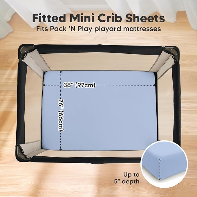 2 Pack and Play Sheets, Waterproof Mini Crib Sheets Fitted - 38x26 Organic Cotton Pack N Play Sheets for Graco Pack and Play Mattress, Playard Baby Crib Sheets,Neutral for Boy,Girl,Toddler(Blue Flax)