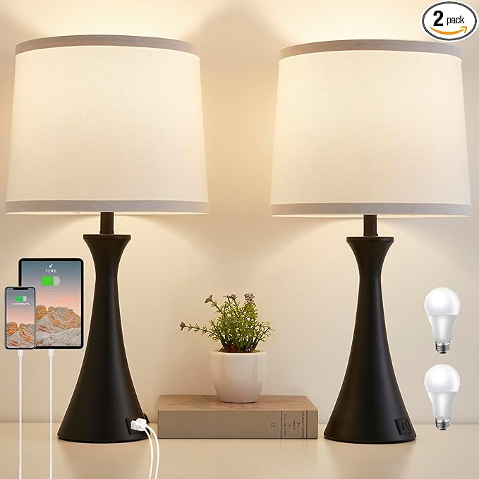 Hikczc Touch Lamp for Living Room Bedroom, 21" Table Lamps Set of 2 with USB C+A Ports and White Lamp Shades, Touch Bedside Lamps for Nightstand with 3 Way Dimmable, 2 LED Bulbs Included