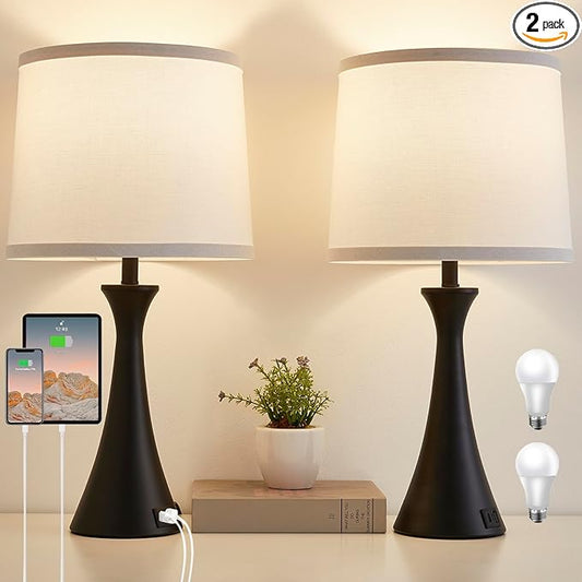 Hikczc Touch Lamp for Living Room Bedroom, 21" Table Lamps Set of 2 with USB C+A Ports and White Lamp Shades, Touch Bedside Lamps for Nightstand with 3 Way Dimmable, 2 LED Bulbs Included