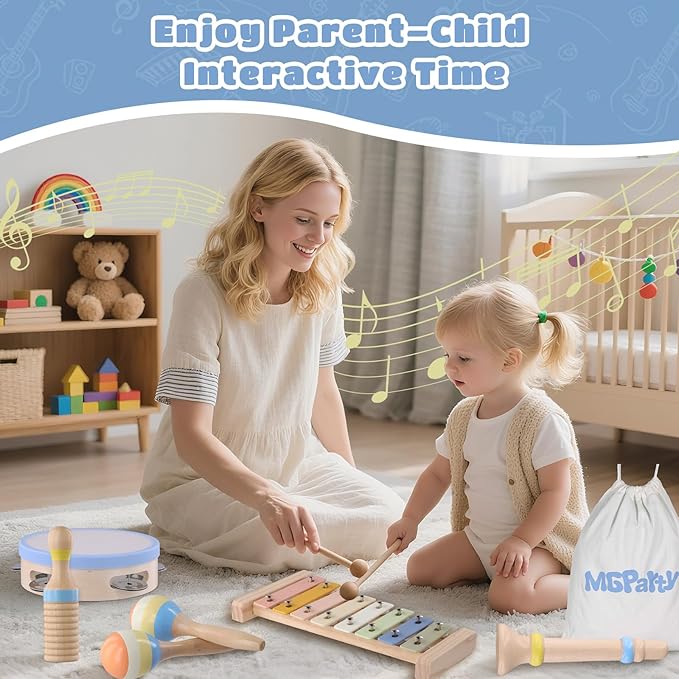 Montessori Wooden Musical Instruments for Toddlers 1-3, Baby Music Toy Set with Xylophone, Tambourine, Triangle, Clarinet, Maracas, Natural Sensory Educational Toys for Boys and Girls