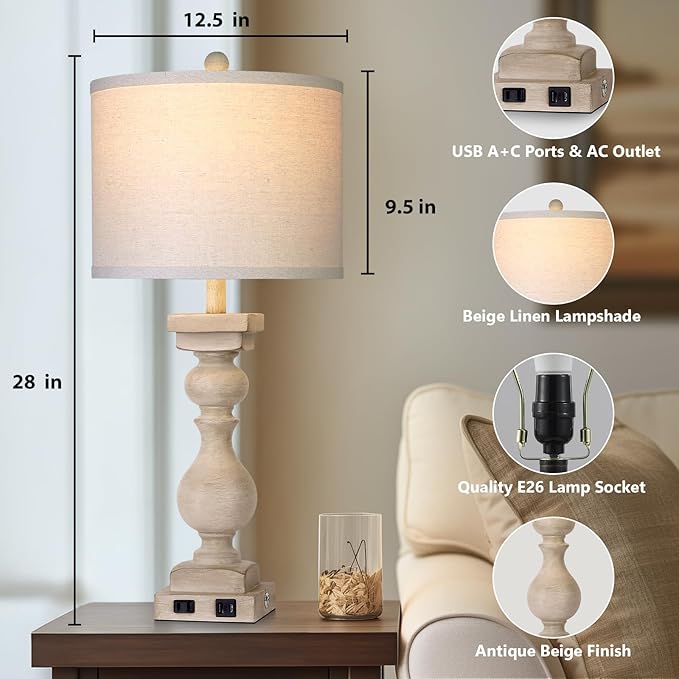 MOUVOVO 28" Tall Farmhouse Table Lamps Set of 2 with USB C+A Ports and AC Outlet, 3 Way Touch Tall Rustic Bedside Lamps for Living Room, Beige Vintage Lamps for Bedroom