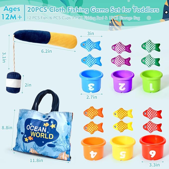 Montessori Toys for 1 Year Old Boy Girl Gifts, Cloth Fishing Game Toddler Toy 1-3, Sorting Learning Baby Toys 6-12-18 Months, One Year Old Girl Boy Gifts