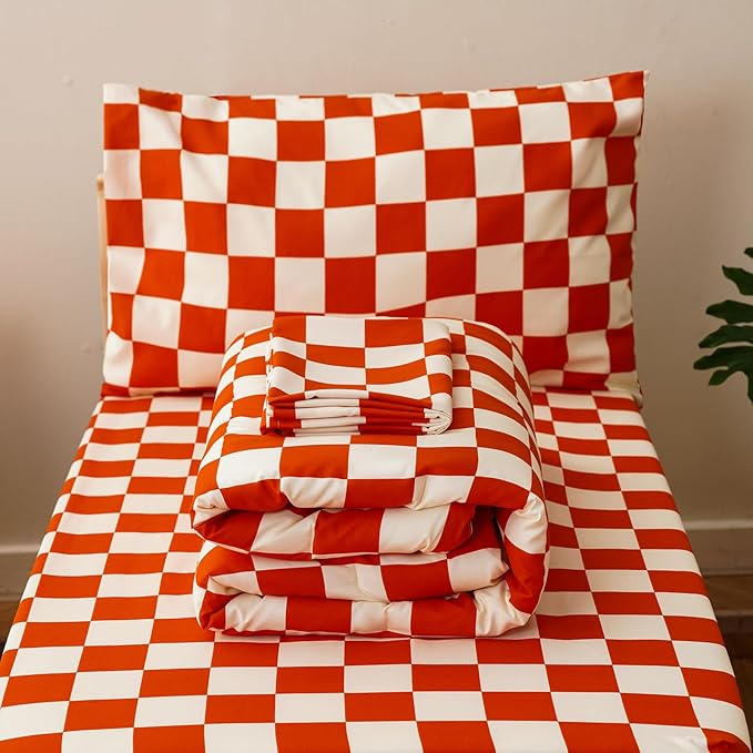 CLOTHKNOW Plaid Toddler Bedding Sets for Boys Girls, 4Pieces Rust Beige Grid Pattern, Soft Crib Bed Set Including Comforter, Flat Sheet, Fitted Sheet and Pillowcase, Rust Beige