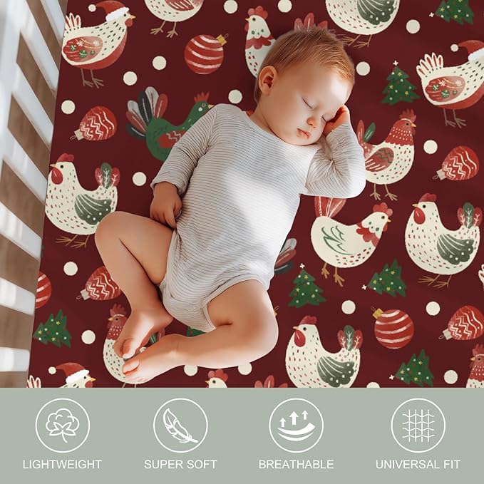 Santa Chicken Baby Crib Sheets for Boy Girl 52x28Inch Cute Christmas Chicken Soft Snug Fitted Crib Mattress Cover Christmas Farm Rooster Hen Baby Sheet for Standard Crib & Toddler Mattress 2 Pack