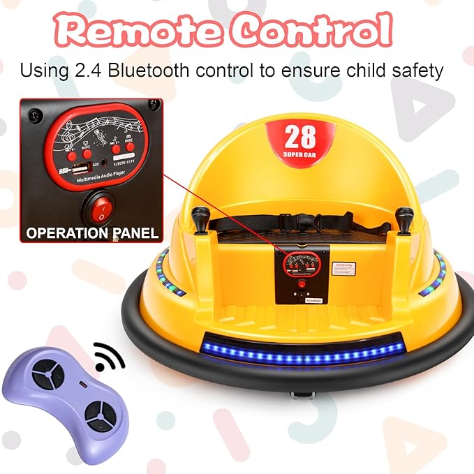 Edostory 6V Electric Ride On Bumper Car Kids for Toddlers, 1.5-8 Years Old Baby Bumping Toy Cars, DIY Sticker Baby Toy Gifts, Remote Control, Bluetooth, 360 Spin ASTM-Certified Yellow
