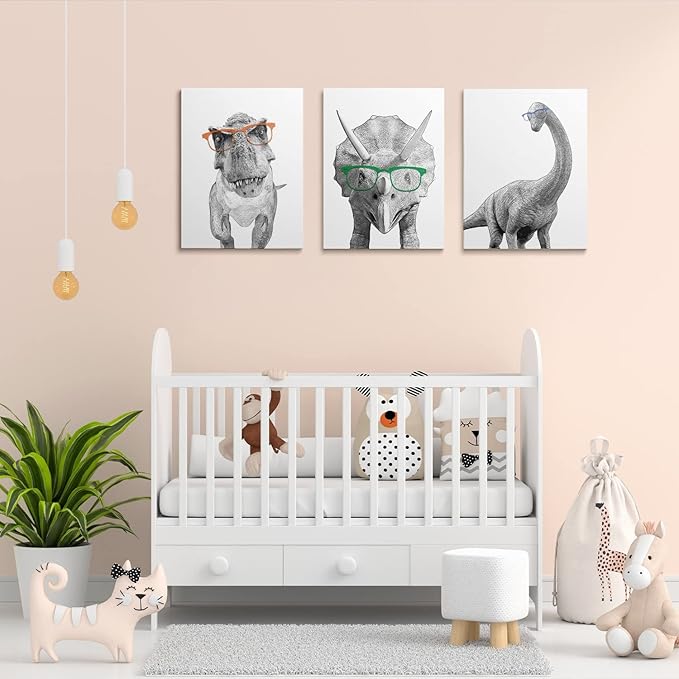 GUBIYU Black and White Animals Canvas Wall Art Print Set of 3 - Dinosaur Bathroom Decor Room Posters - Funny Painting for Kids Boy Girl Nursery 12"x16"