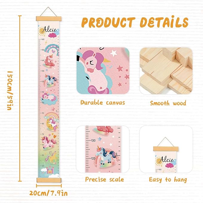 Woodemon Personalize Name Growth Chart for Kids, Unicorn Kids Growth & Measuring Chart, Growth Chart for Wall, Height Measure Wall Chart Bedroom Nursery Wall Decoration,Playroom Essentials