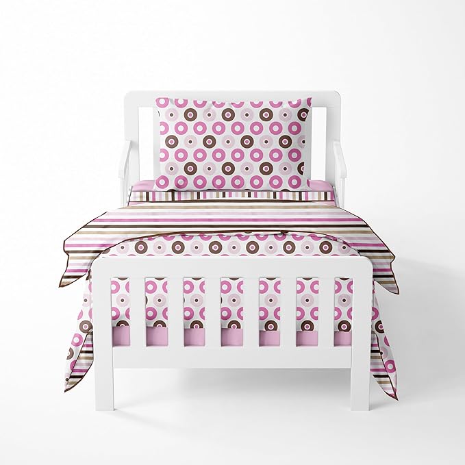 Bacati - Dots & Stripes Pink/Chocolate 4 Piece Girls Toddler Bedding Set, 100 Percent Cotton Includes Reversible Comforter, Fitted Sheet, Top Sheet and Pillow Case for US Standard Toddler Bed