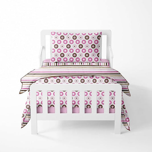 Bacati - Dots & Stripes Pink/Chocolate 4 Piece Girls Toddler Bedding Set, 100 Percent Cotton Includes Reversible Comforter, Fitted Sheet, Top Sheet and Pillow Case for US Standard Toddler Bed