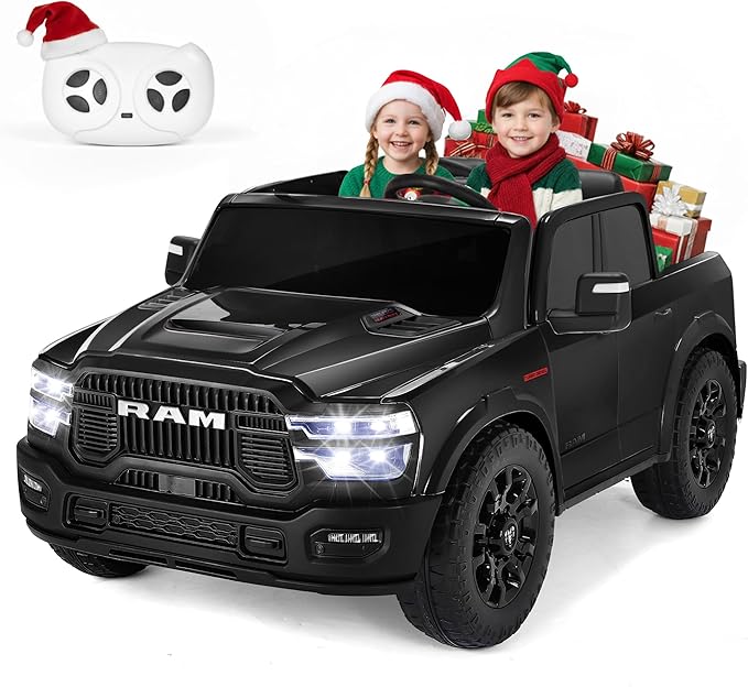 FUNTOK 24V 2 Seater Ride On Truck for Big Kids, Licensed RAM 2500 Kid's Electric Vehicles w/Remote Control, LED Light/Music/MP3/Bluetooth, Truck Bed Storage, Carry Wheels & Handle, Car for Kids 3-8