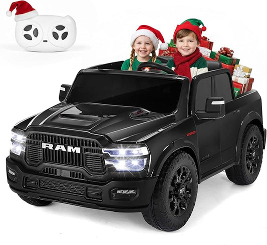 FUNTOK 24V 2 Seater Ride On Truck for Big Kids, Licensed RAM 2500 Kid's Electric Vehicles w/Remote Control, LED Light/Music/MP3/Bluetooth, Truck Bed Storage, Carry Wheels & Handle, Car for Kids 3-8