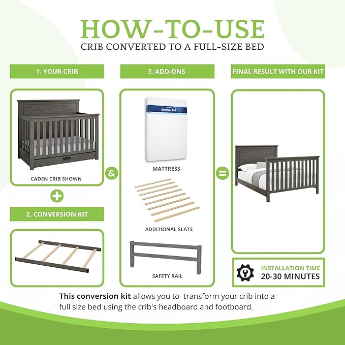 Full-Size Conversion Kit Bed Rails Compatible with Delta Children Convertible Cribs - Solid Wood Rail #0050 - Toddler and Adult Bed Rail for Full-Size Beds - Baby Furniture (Rustic Grey - 084)
