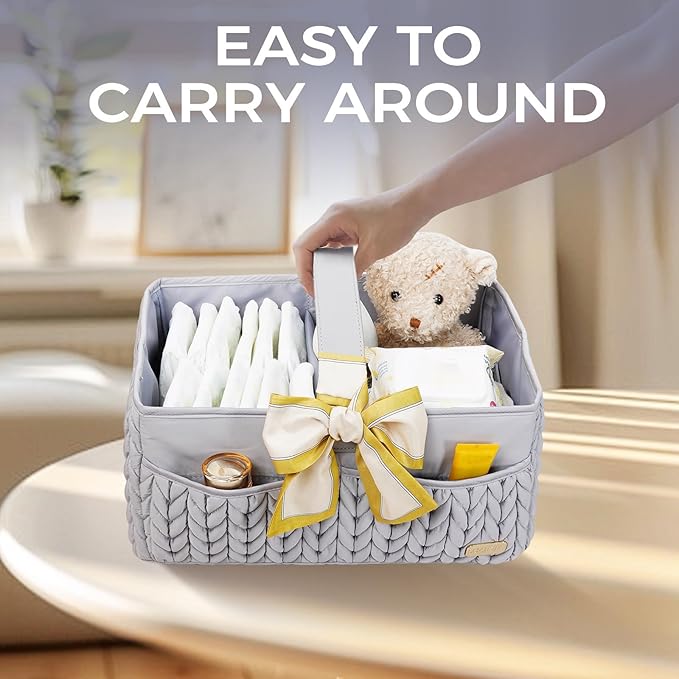 LUKJOJO Luxurious Baby Diaper Caddy, Nursery Storage Basket for Newborn Boy and Girl, Travel Baby Basket for Diapers Baby Wipes, Organizer Tote Bag Storage Bin, Baby Shower Gifts (light gray)