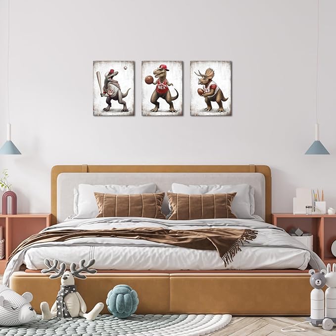 Derkymo Dinosaur Canvas Wall Art Sports Gift Idea for Nursery and Kids Room Modern Gallery Wrapped Wall Art Prints Teen Room Decor Stretched and Framed Ready to Hang 12"x16"x3 Pieces
