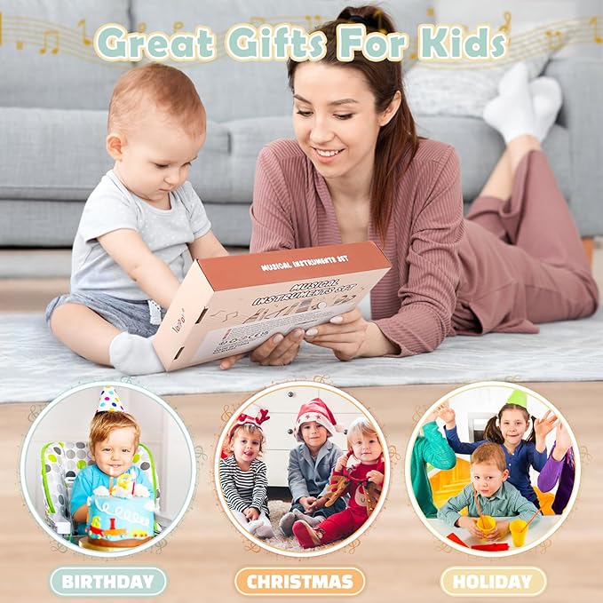 Vanplay Montessori Toys - 6 in 1 Wooden Musical Instruments for Toddlers 1-3, Infant Music Toy for Babies with Boho Xylophone for Boy & Girls Easter Birthday Gifts for 1-2