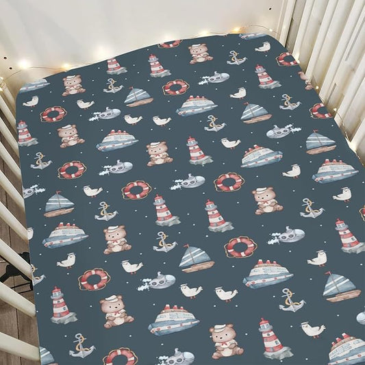 Sailor Bear Watercolor Baby Crib Sheets for Boy Girl 52x28Inch Bear Lighthouse Anchors Boats Soft Snug Fitted Crib Mattress Cover Coastal Nautical Life Baby Sheet for Standard Crib & Toddler Mattress