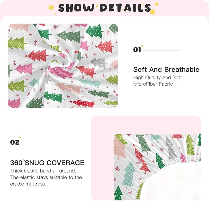 Colorful Christmas Tree Crib Sheets Soft Breathable Fitted Baby Crib Sheets Mattress Cover for Girl Boys, 52" x 28" x 9"