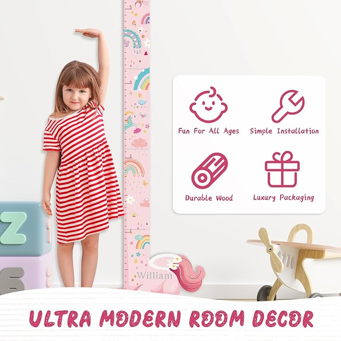 Personalized Name Growth Chart for Kids, Unicorn Wooden Wall Decor Growth Chart, Wall Decor for Kids Room,Wall and Nursery Medical Office Toddler Playroom 63" x 16.5"