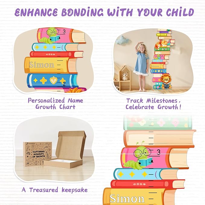 Woodemon Personalized Name Wooden Growth Charts for Kids, Stacks of Book Height Measurement for Wall Girls Boys Teen Room Nursery Decor