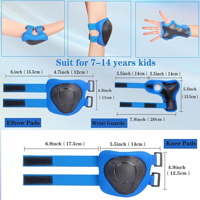 Kids/Youth Knee Pads and Elbow Pads Set for Kids 3-14 Years Boys Girls Protective Gear Set Adjustable Knee Pads, Elbow Pads, Wrist Guards Skateboard Skating Skiing Cycling Biking Running Scooter