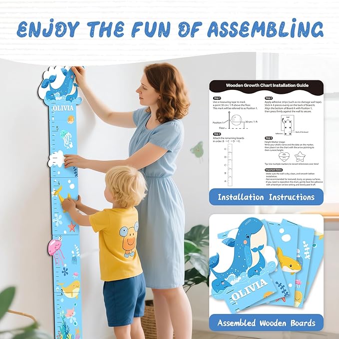 Woodemon Personalized Name Growth Chart, Marine Animals Wooden Growth Chart for Kids, Height Chart for Boys Girls, Measuring Board for Kids Height for Child's Room, Nursery Decor Decoration