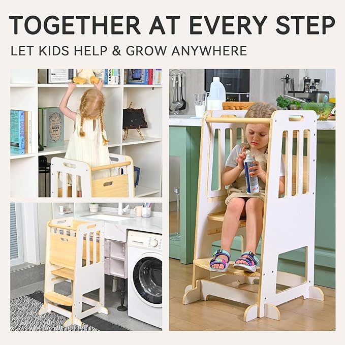 WINGYZ Toddler Tower – Adjustable Step Stool Helper for Kids 18M–6Y, Kitchen Learning Stool with Safety Rail, 3-Height Adjustable, Sliding Door, Full Support Foot, Wooden Updated Design, White