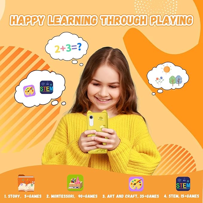 Kids Phone, 3.97" Touchscreen Toddler Smartphone Learning Toys, Fake Play Toy Phone with Music Player Educational Games，Christmas Birthday Gifts for Girls Age 3-12, 8G SD Card（Yelllow）