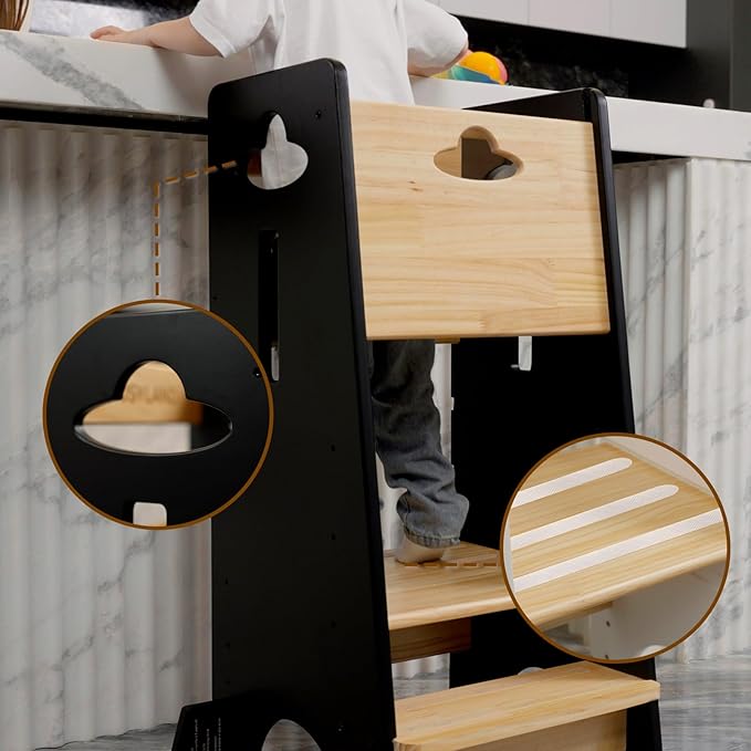COSYLAND Toddler Standing Tower Adjustable Height - Super Stable Toddler Kitchen Stool Helper with Protive Panel - 3 Levels Adjustable Wooden Kitchen Stool for Kids (Natural & Black)