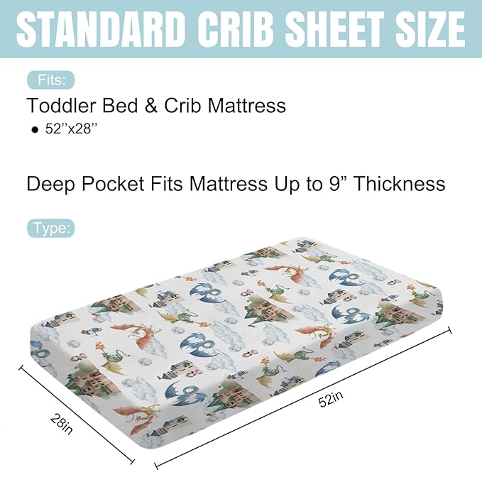 Fairytale Dragons Castle Baby Crib Sheet 52''x28'' Cute Dragon Princess Knight Moon Clouds Stretchy Fitted Crib Mattress Cover for Boy Girl Bed Sheets for Standard Crib Toddler Mattress