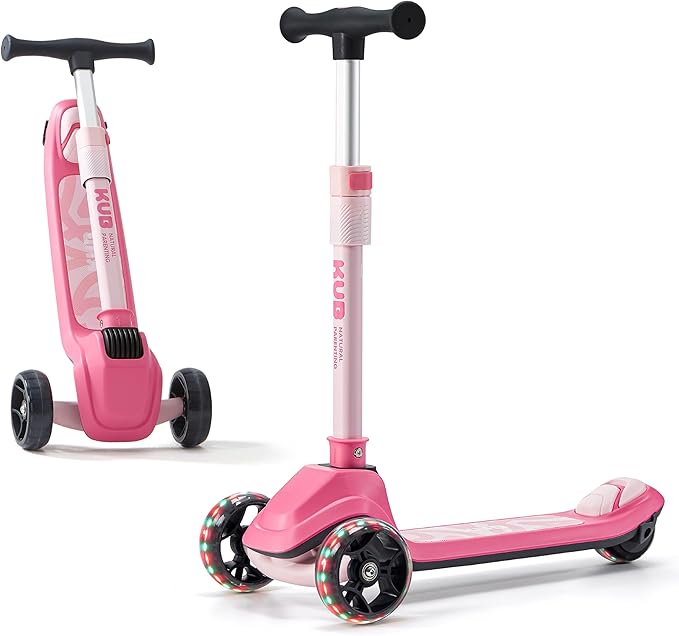 KUB Toddler Scooter for Kids Ages 2+, 3 Wheel Kick Scooter with LED Light-Up Wheels, Adjustable Height Handlebar, Lean-to-Steer, Anti-Slip Deck, Easy-Fold Design, Gift for Boys and Girls