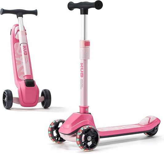 KUB Toddler Scooter for Kids Ages 2+, 3 Wheel Kick Scooter with LED Light-Up Wheels, Adjustable Height Handlebar, Lean-to-Steer, Anti-Slip Deck, Easy-Fold Design, Gift for Boys and Girls