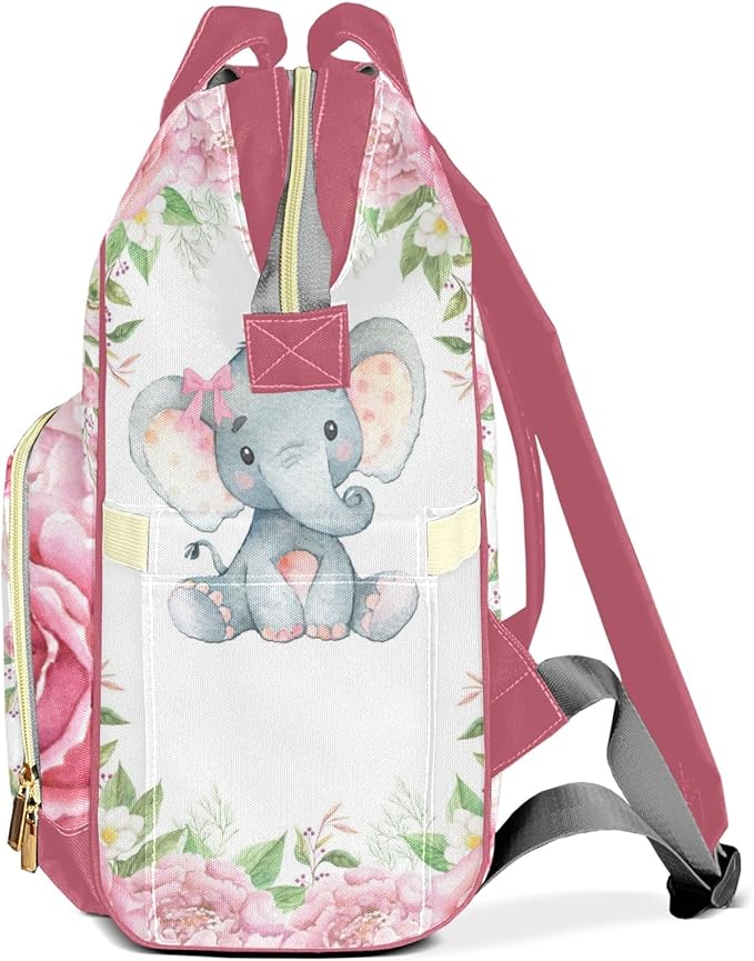 Personalized Pink Roses Baby Elephant Nursery Custom with Name Diaper Bag Backpack For Baby Boy Girl Dad Mom Unisex for Adult Daypack Holiday Gift