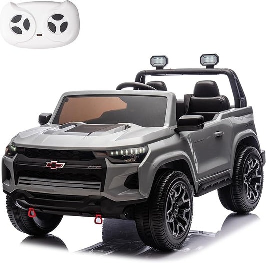 POSTACK 24V Official License Chevrolet Kids Ride On Car Side by Side 2-Seater Truck Battery Powered 4 Wheel with Remote Control Electric Car UTV Truck Car Children Toy Gifts for Boys and Girls Gray