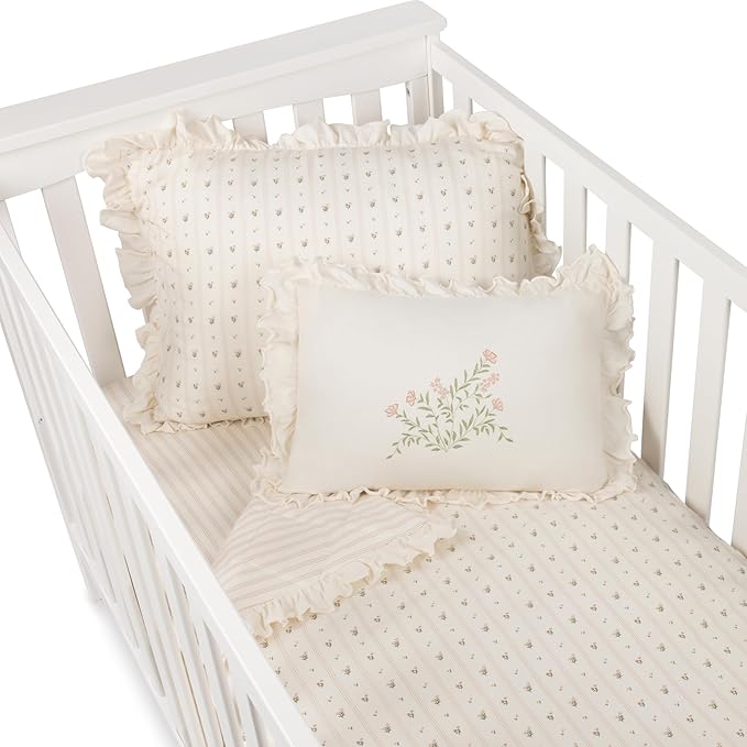 Ely's & Co. Crib Bedding Set for Girls, Toddler Bedding Set, 5 Piece Set - 2 Fitted Crib Sheets/Toddler Bed Sheets, Quilted Comforter and Decorative Pillow with Insert, Pink Linear Floral Collection