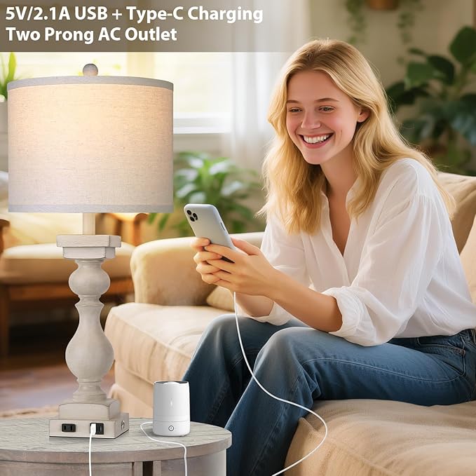 MOUVOVO 28" Tall Farmhouse Table Lamps Set of 2 with USB C+A Ports and AC Outlet, 3 Way Touch Tall Rustic Bedside Lamps for Living Room, Cream Vintage Lamps for Bedroom